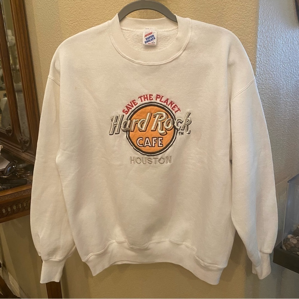 Vintage JERZEES Hard Rock Cafe White Houston Embroidery Sweatshirt Size Large